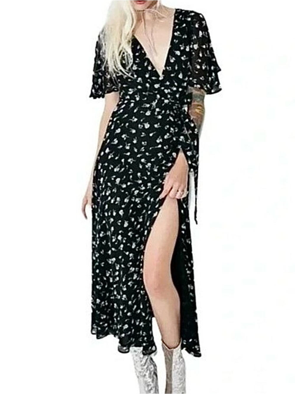 Wildfox Floral Flutter Wrap Dress in Black Size Small NWOT